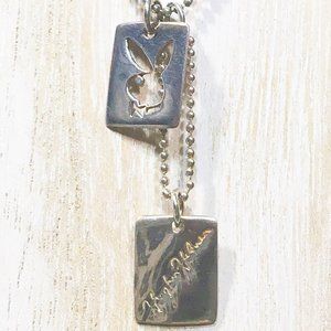 AUTHENTIC VERY HTF PLAYBOY STERLING BUNNY & HUGH HEFNER DOG TAG NECKLACE 17.5"